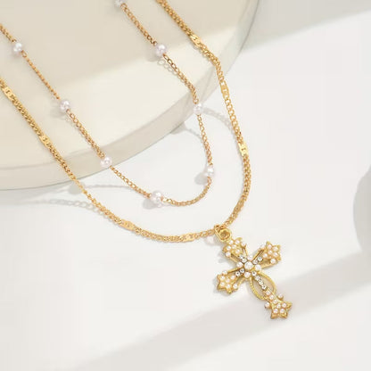 Graceful Layered Pearl Cross Necklace