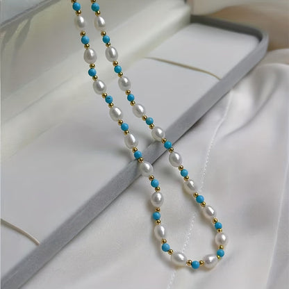 Elegant Pearl and Turquoise Beads Necklace