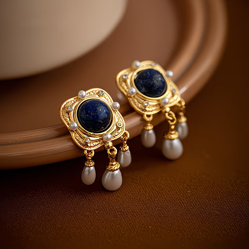 Elegant Royal Blue Pearl Chandelier Earrings