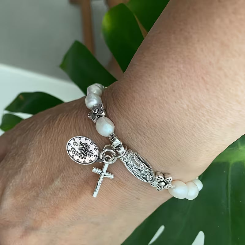 Elegant Pearl Flower Faith Bracelet