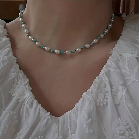 Elegant Pearl and Turquoise Beads Necklace