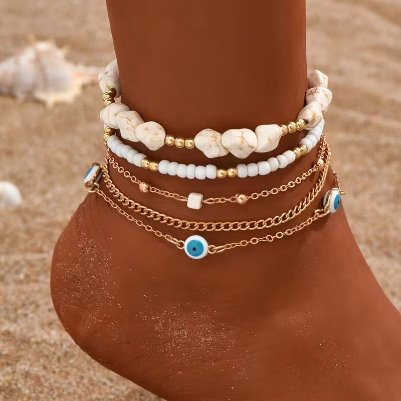 Elegant Turquoise Pearl Ankle Bracelet Set