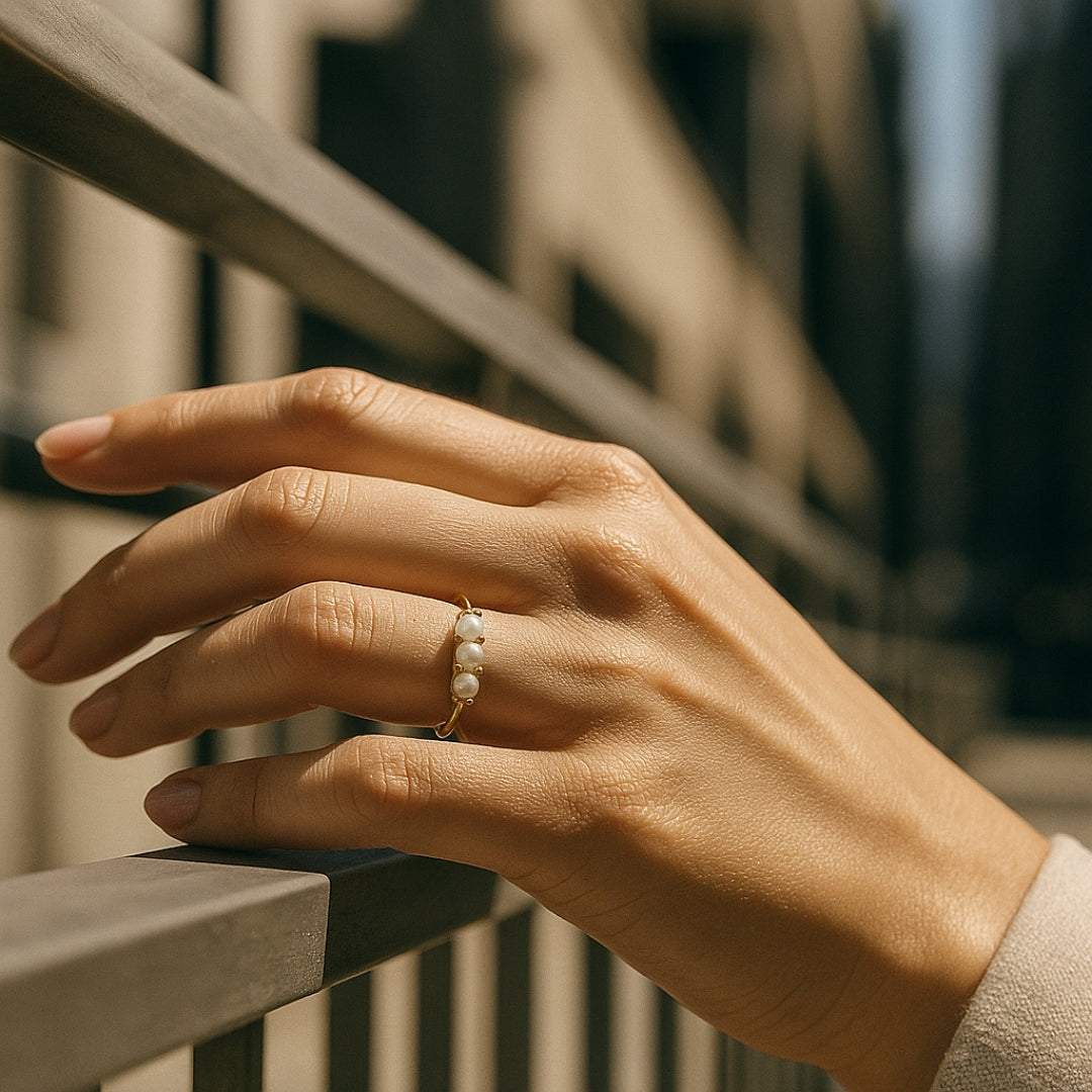 Elegant Triple Pearl Gold Ring