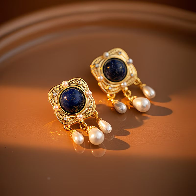 Elegant Royal Blue Pearl Chandelier Earrings