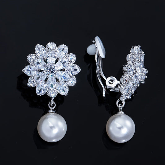 Elegant Pearl Blossom Clip Earrings