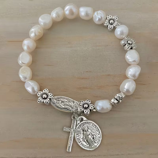 Elegant Pearl Flower Faith Bracelet