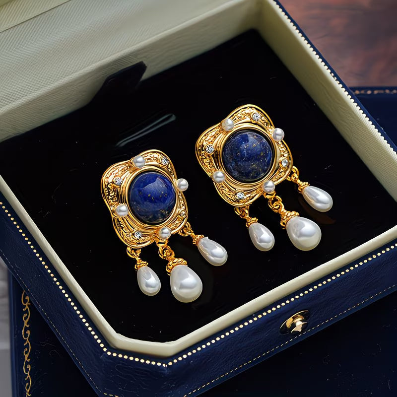 Elegant Royal Blue Pearl Chandelier Earrings