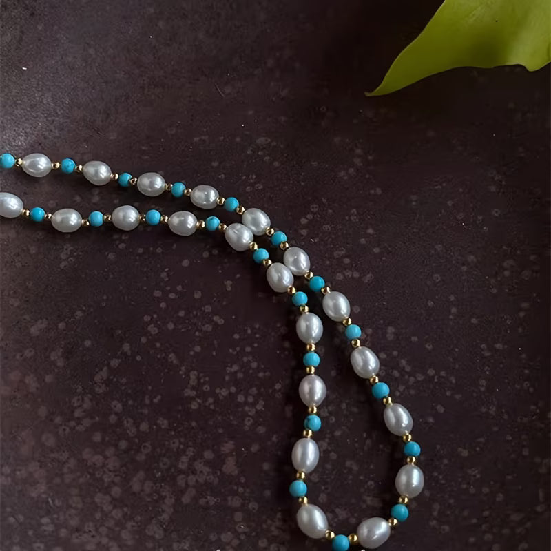 Elegant Pearl and Turquoise Beads Necklace