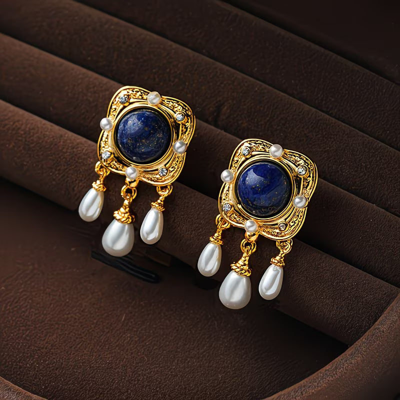 Elegant Royal Blue Pearl Chandelier Earrings