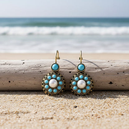 Elegant Pearl Bloom Turquoise Earrings