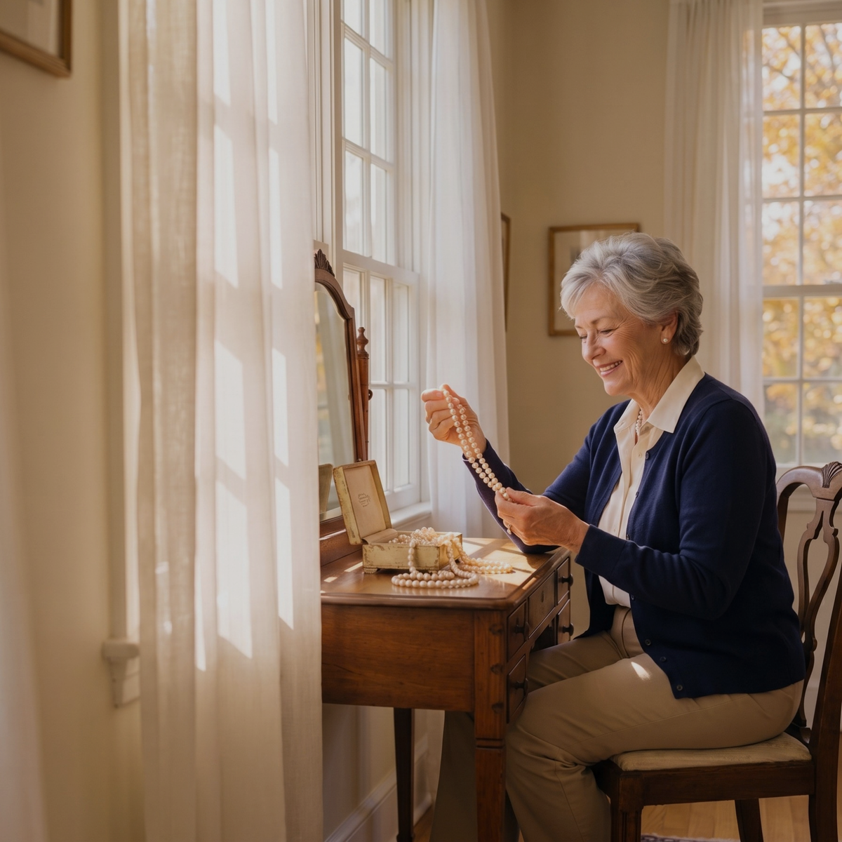 A woman in her seventies at her vanity by the window, holding a strand of pearls