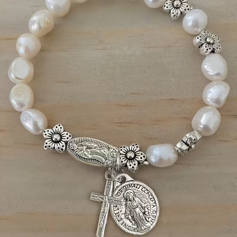 Elegant Pearl Flower Faith Bracelet