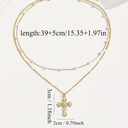 Graceful Layered Pearl Cross Necklace
