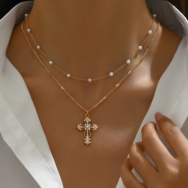 Graceful Layered Pearl Cross Necklace