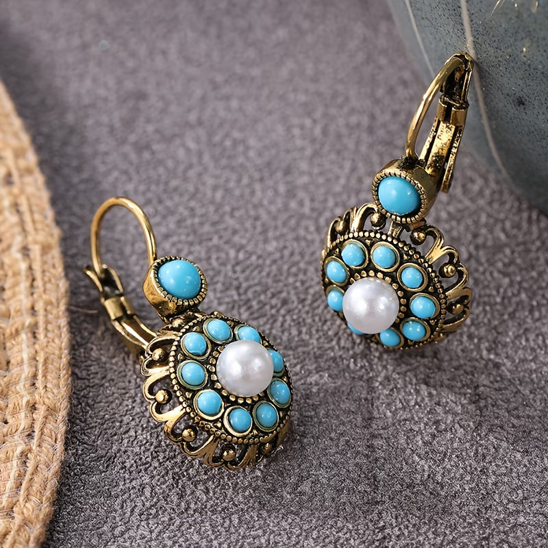 Elegant Pearl Bloom Turquoise Earrings