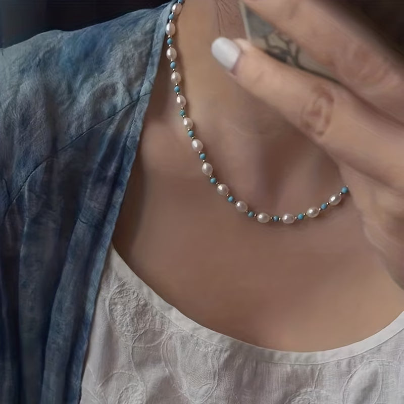 Elegant Pearl and Turquoise Beads Necklace