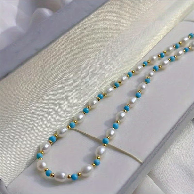 Elegant Pearl and Turquoise Beads Necklace