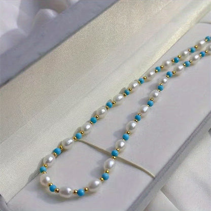 Elegant Pearl and Turquoise Beads Necklace