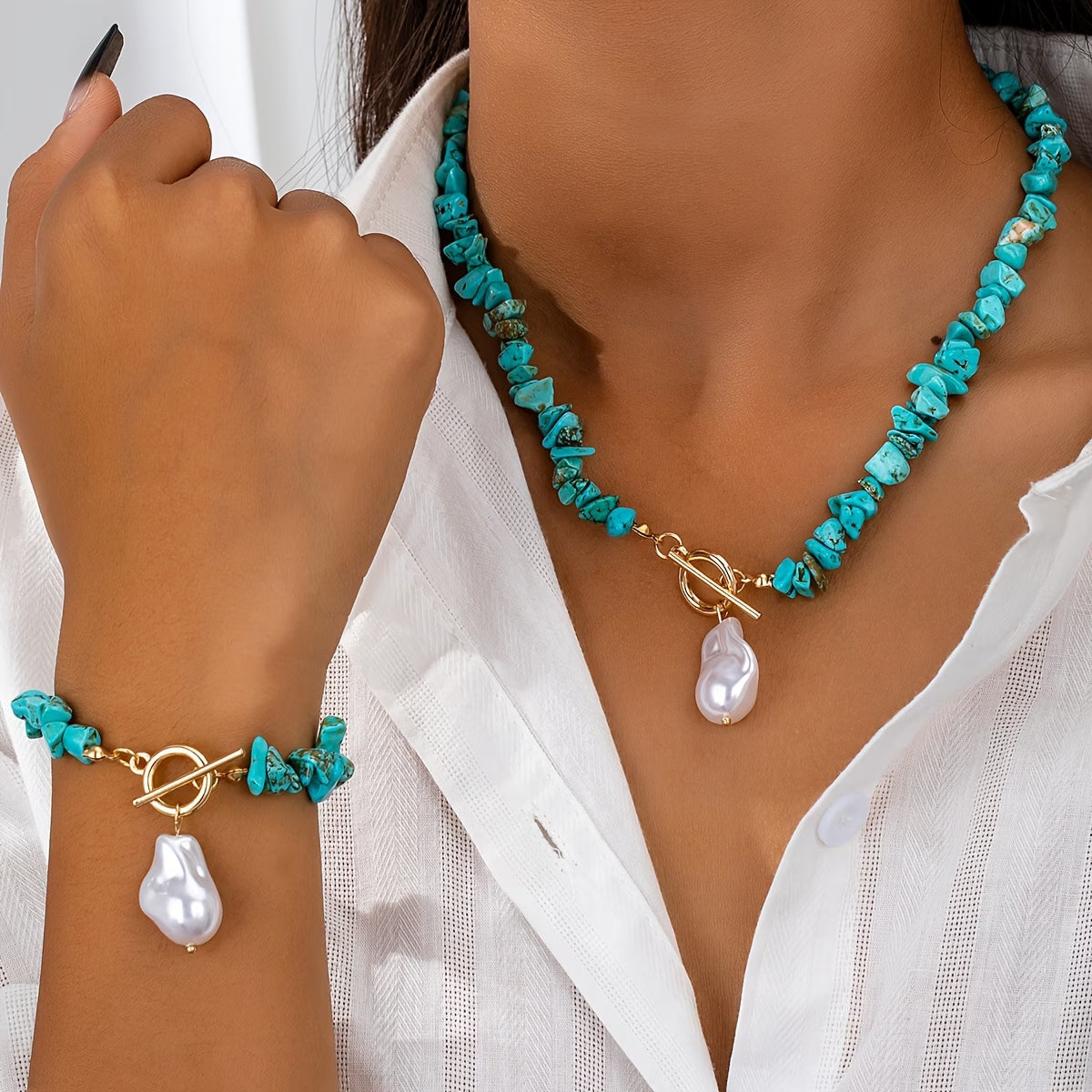 Elegant Turquoise Pearl Necklace Set