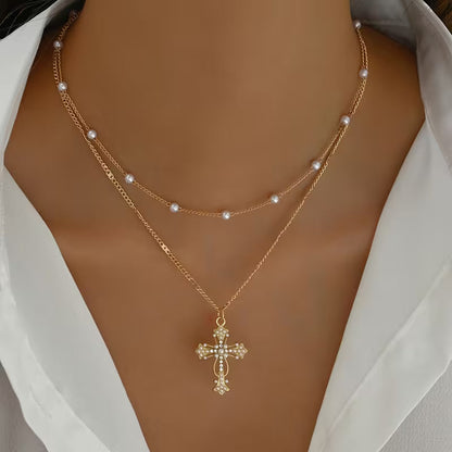Graceful Layered Pearl Cross Necklace