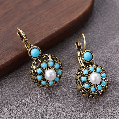 Elegant Pearl Bloom Turquoise Earrings