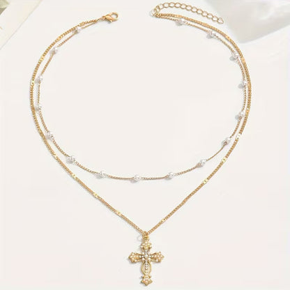 Graceful Layered Pearl Cross Necklace