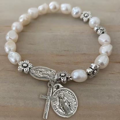 Elegant Pearl Flower Faith Bracelet