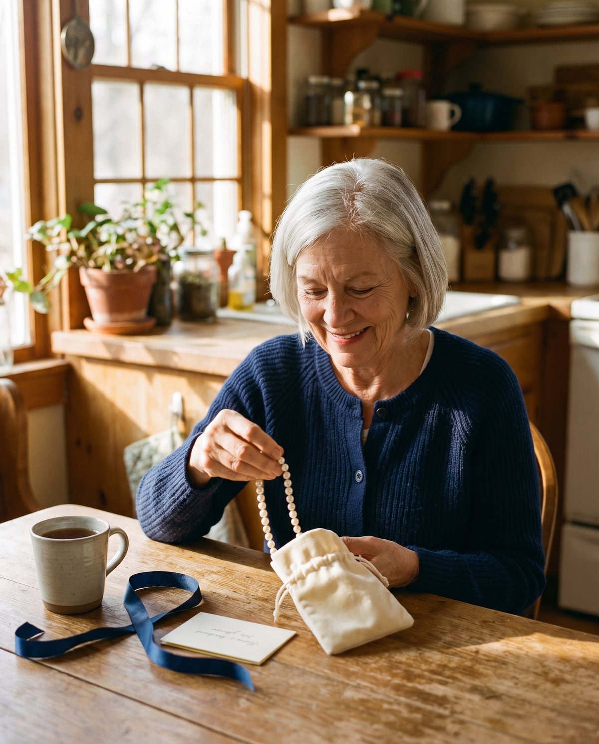 A woman in her sixties at a kitchen table, lifting a pearl strand out of an ivory pouch
