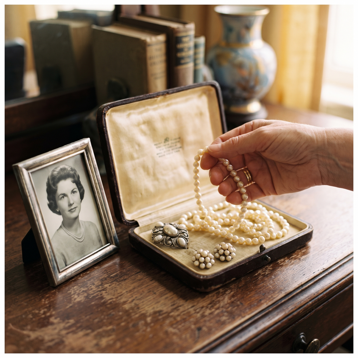 An old black-and-white portrait next to an open jewelry box with a pearl strand