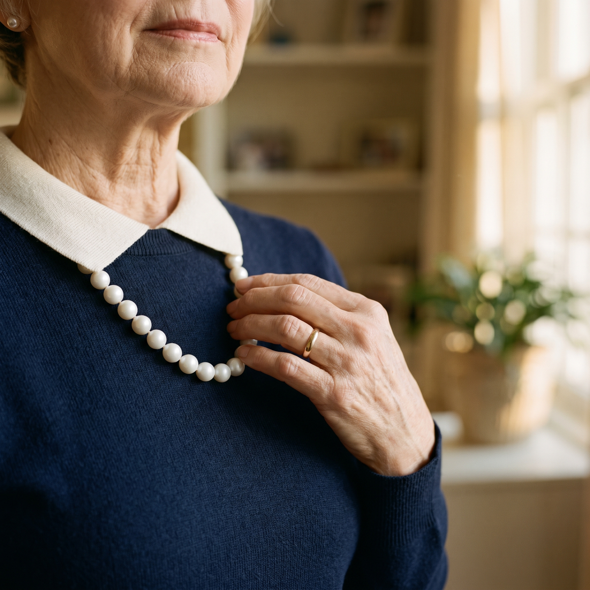 A single pearl strand worn over a navy sweater with a white collar
