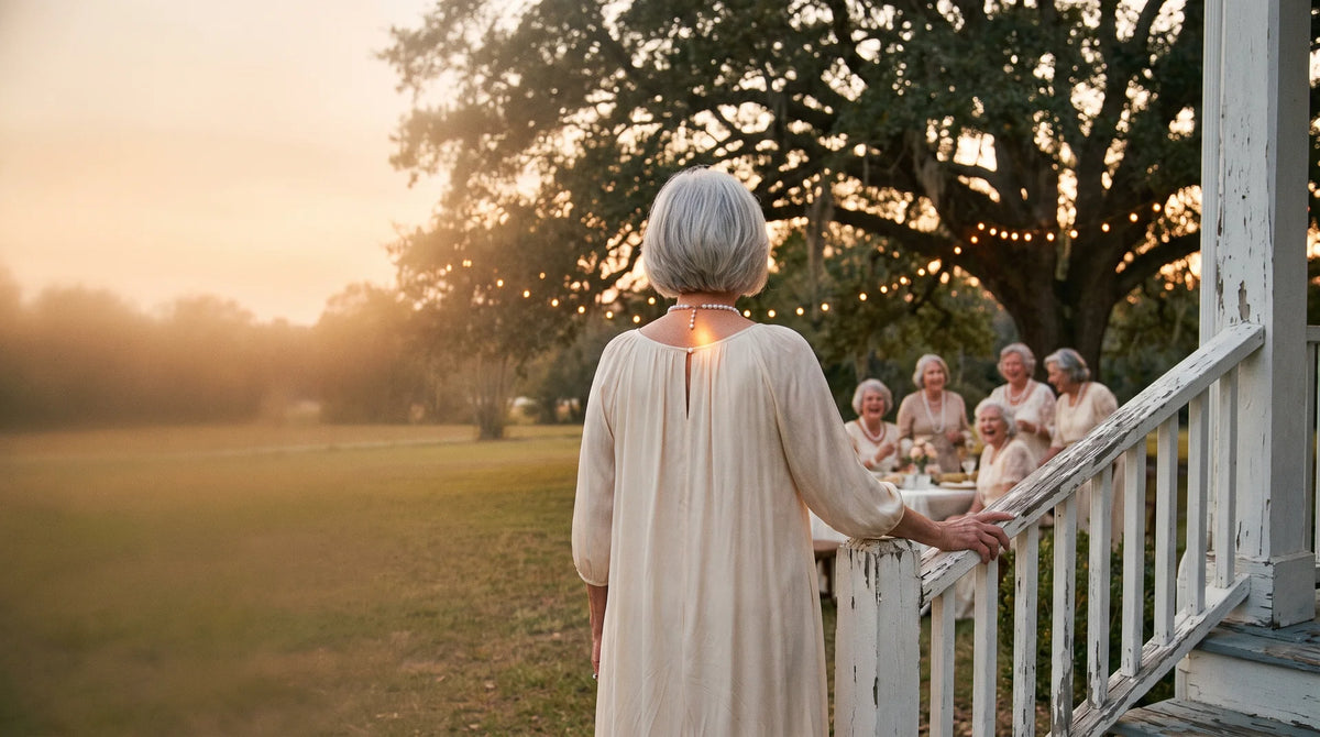 Women gathered on a porch at sunset, seen from behind