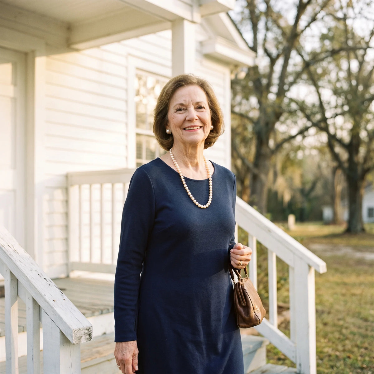 A woman in her sixties on a white porch in a navy dress, wearing a single strand of pearls