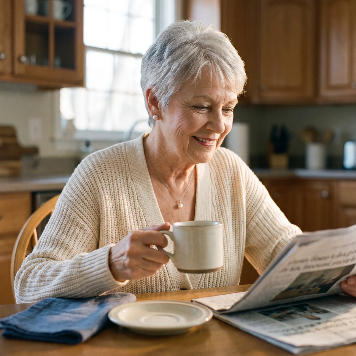 A woman over 60 at her kitchen table in the morning, cardigan and pearls, coffee in hand