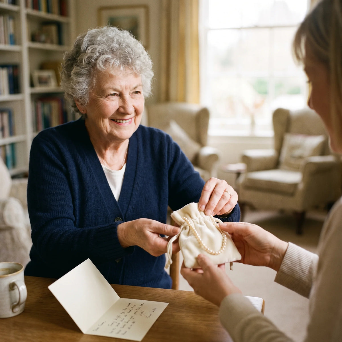 A smiling woman in her seventies receiving a pearl gift pouch at a table
